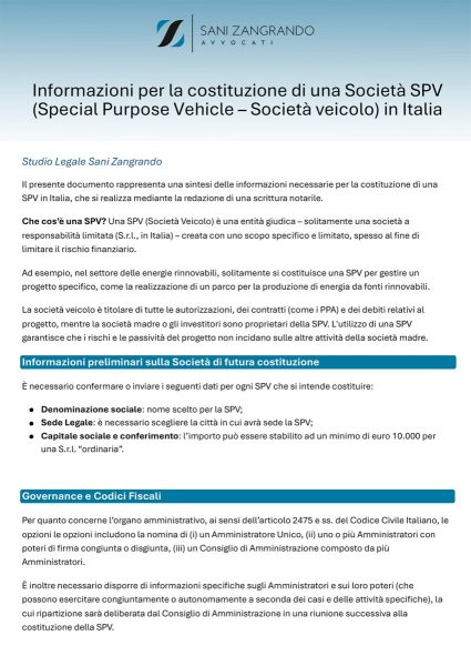 Sani zangrando informazioni per la costituzione di una spv in italia copertina it